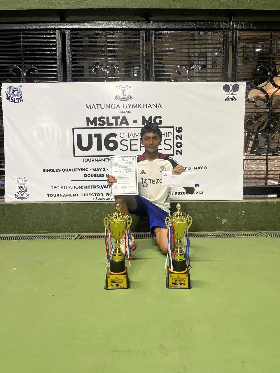 Sparsh receiving trophy for winning the singles and doubles categories at Matunga Gymkhana U-16 Tennis Tournament